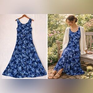Blair Blue Floral Midi Dress‎ S Rayon Button Front Cottagecore Resortwear Spring
